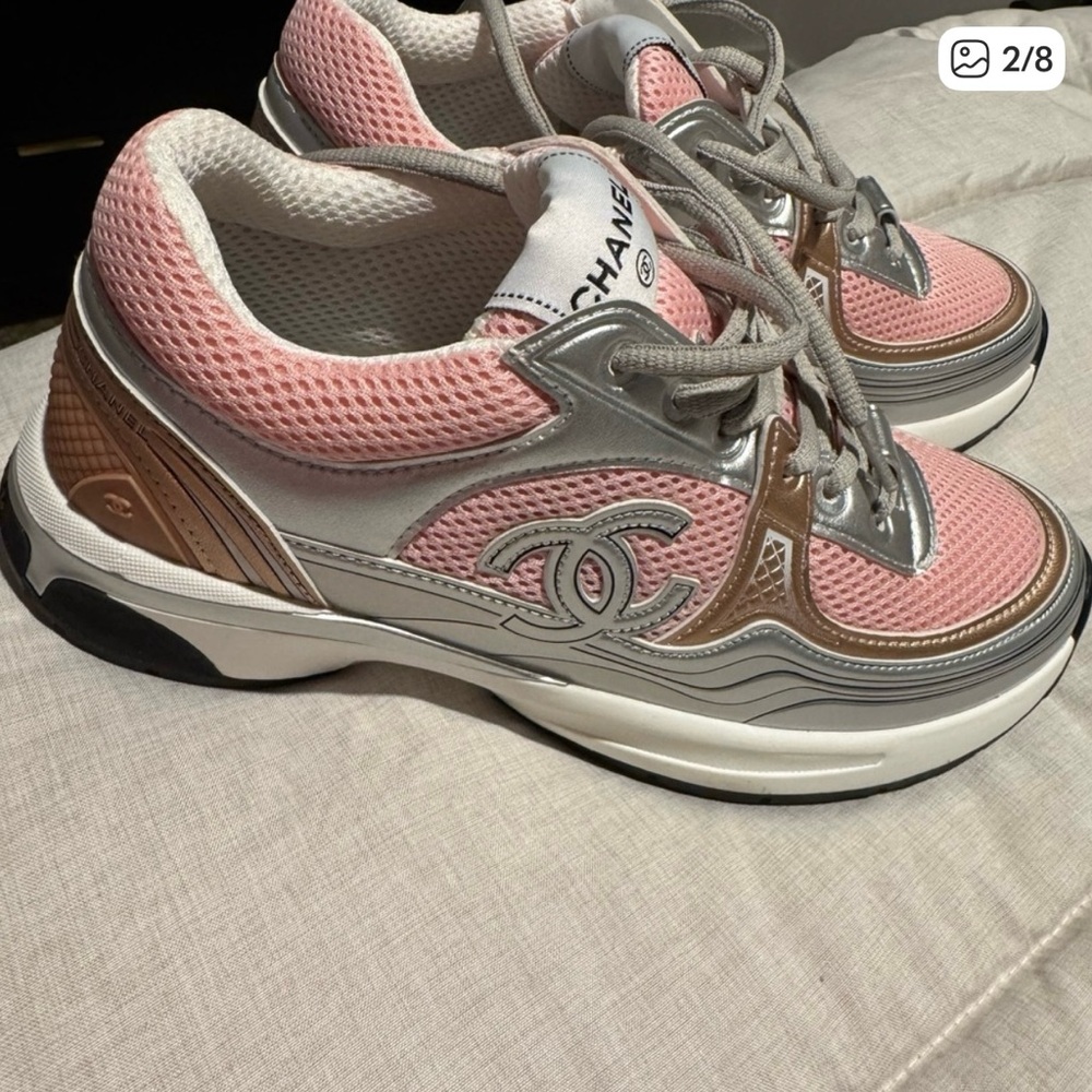 CHANEL Pink and Silver Mesh Sneakers